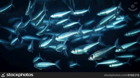 School of small silver fish underwater. Marine life. Generative AI.. School of small silver fish underwater. Marine life. Generative AI