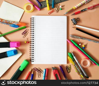 School office supplies on a desk with copy space. Back to school concept.