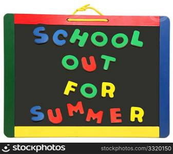 School out for summer spelled out on colorful chalkboard isolated on white
