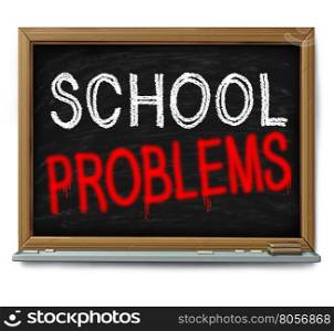School problems and failing schools concept as a chalk blackboard with text written as an education trouble symbol or literacy and learning challenge or crime in a learning facility wioth 3D illustration elements.