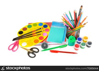 School sale. Watercolor paints, notebooks and other school supplies isolated on white background.