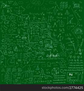 school subjects formulas and drawings - made with chalk over green blackboard