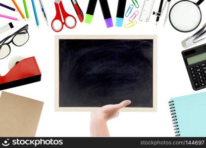 school supplies, accessories and  chalkboard hold hand with copy space for education concept on a white background. school supplies for learn Flat lay, top view