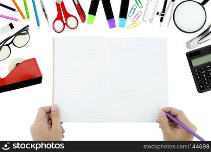 school supplies, accessories and hand writing note book with copy space for education concept on a white background. school supplies for learn Flat lay, top view
