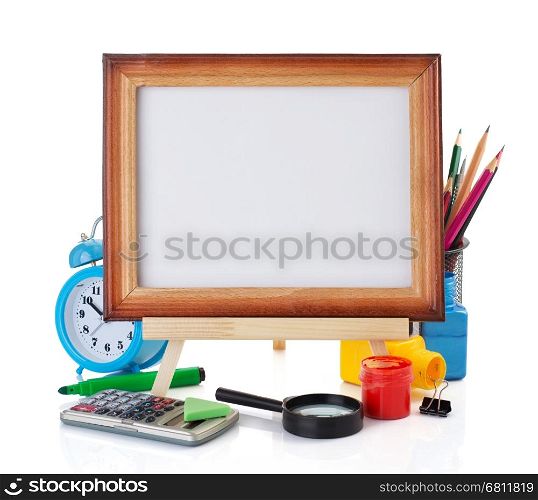 school supplies and frame isolated on white background
