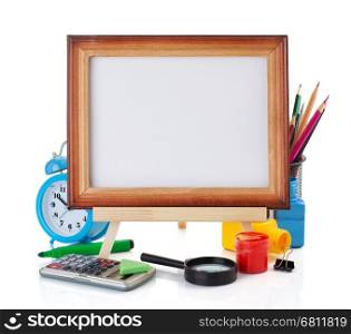 school supplies and frame isolated on white background
