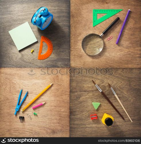 school supplies at wooden background. school supplies at abstract wooden background