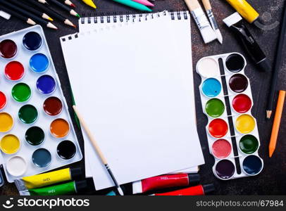 school supplies on a table, stock photo