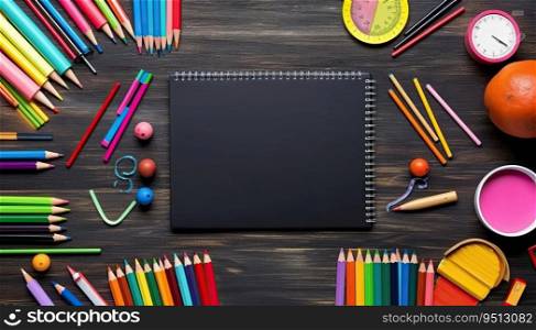 School supplies on a wooden background. Back to school. View from above.