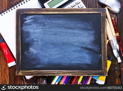 school supplies on the wooden table, black board and school supplies