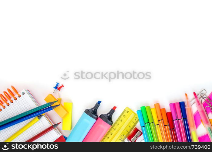 School supplies on white background. Free space for text. School supplies on white background. Copyspace. Top view