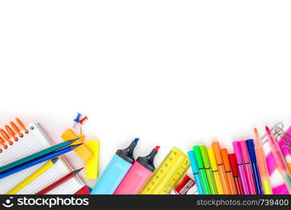 School supplies on white background. Free space for text. School supplies on white background. Copyspace. Top view