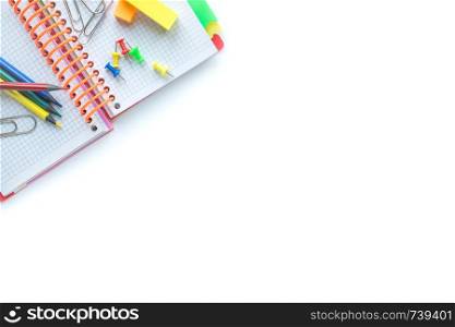 School supplies on white background. Free space for text. Top viewSchool supplies on white background. Free space for text. School and office supplies on white background. Copyspace. Top view