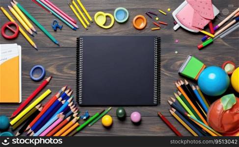 School supplies on wooden table, top view. Back to school concept