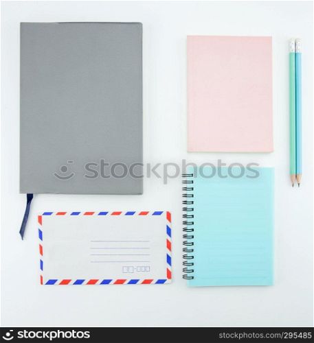 school supplies, stationery accessories on white background. Flat lay, top view
