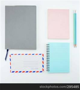 school supplies, stationery accessories on white background. Flat lay, top view