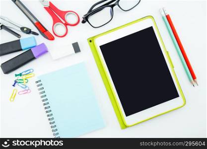 school supplies, stationery accessories on white background, Flat lay, top view.