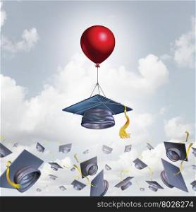 School support and college graduation concept and scholarship symbol as a mortarboard or graduate cap being lifted higher with the help of a balloon with 3D illustration elements.