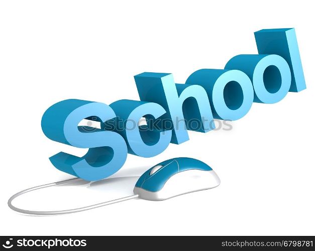 School word with blue mouse, 3D rendering