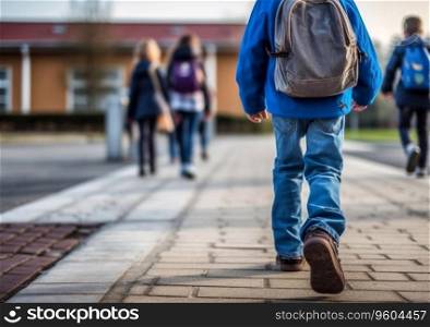 Schoolboy walking to school with other kids early morning.AI generative