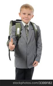 Schoolboy with a briefcase behind. Isolated on white background