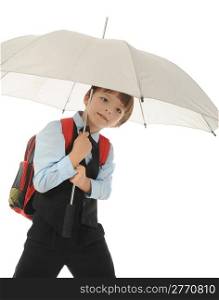 Schoolboy with a umbrella. Isolated on white background