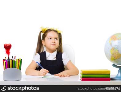 Schoolgirl at her desk isolated