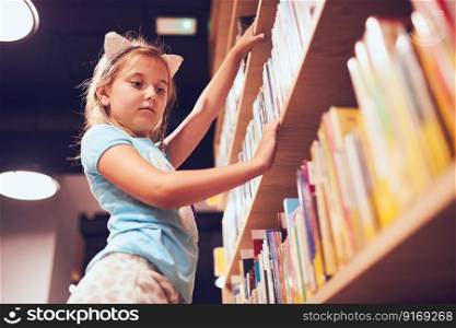Schoolgirl looking for book in school library. Student choosing book for reading. Books on shelves in bookstore. Learning from books. Back to school. Elementary education. Doing homework