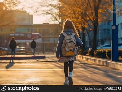 Schoolgirl on her way to primary school in sunny autumn day.AI generative