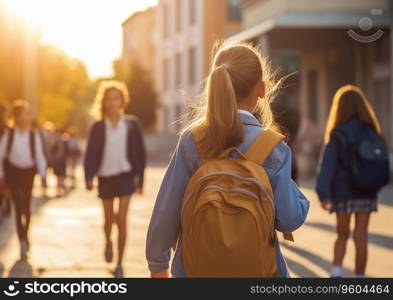 Schoolgirl with backpack on her way to school with other kids.AI generative