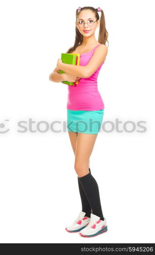 Schoolgirl with books isolated on white