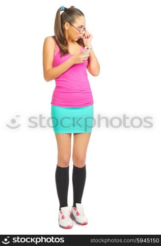 Schoolgirl with mobile phone isolated