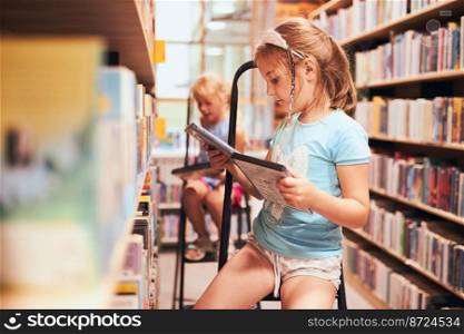 Schoolgirls looking for audio books in school library. Students choosing books. Elementary education. Doing homework. Learning from books. Back to school