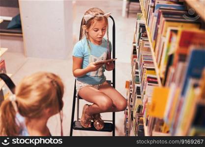 Schoolgirls looking for audio books in school library. Students choosing set books. Elementary education. Doing homework. Learning from books. Back to school