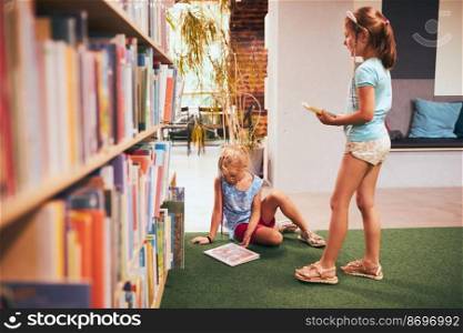 Schoolgirls looking for book for reading in school library. Students choosing books for reading. Learning from books. Back to school. Elementary education. Doing homework