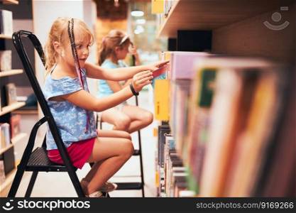Schoolgirls looking for books in school library. Students choosing books. Elementary education. Doing homework. Learning from books. Back to school