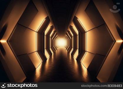 Sci fi background with dark underground passage and neon illumination. Futuristic tunnel with light beams. Generative AI. Futuristic sci fi background with tunnel and neon light beams. Generative AI
