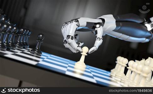 Sci-Fi cyborg playing a game of chess. 3D illustration. Robot&rsquo;s hand moving a pawn