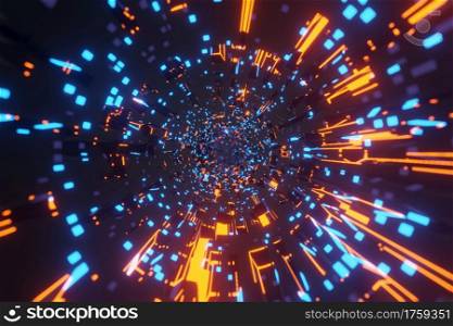 Sci-Fi Futuristic alien space tunnel Neon Glowing Lights, Wormhole through time background 3D rendering