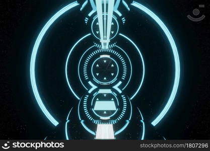 Sci Fi Futuristic Blue Glowing Neon Tunnel Hallway Corridor door alien Spaceship Background 3D Rendering
