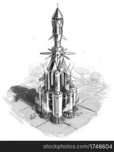 Sci-fi spaceship or spacecraft on alien planet star port, design or concept art drawing or illustration. Space ship or craft ready to launch.. Sci-fi Spaceship or Spacecraft on Star Port, Concept Art Design Drawing or Illustration