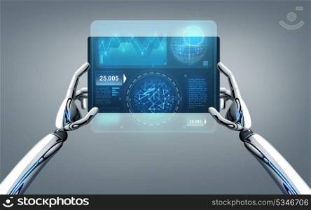 science and future technology concept - robot hands holding tablet pc with charts projection over gray background. robot hands with tablet pc over gray background