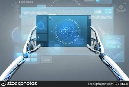 science and future technology concept - robot hands holding tablet pc with charts projection over gray background. robot hands with tablet pc over gray background