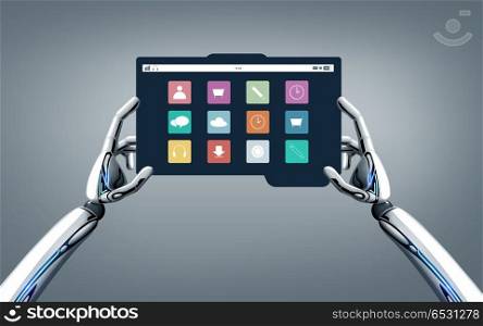 science and future technology concept - robot hands with menu icons on tablet pc screen over gray background. robot hands with menu icons on tablet pc screen. robot hands with menu icons on tablet pc screen