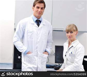 science and research biology chemistry an dmedicine youn people couple in bright modern lab