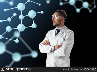 science, biology and people concept - male doctor or scientist in white coat and safety with molecules over black background. scientist in lab coat and goggles with molecules. scientist in lab coat and goggles with molecules