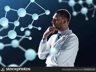 science, biology and people concept - male doctor or scientist in white coat with molecules over black background. doctor or scientist in white coat with molecules. doctor or scientist in white coat with molecules