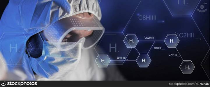 science, chemistry, biology, medicine and people concept - close up of scientist face in goggles and protective mask at chemical laboratory over hydrogen chemical formula