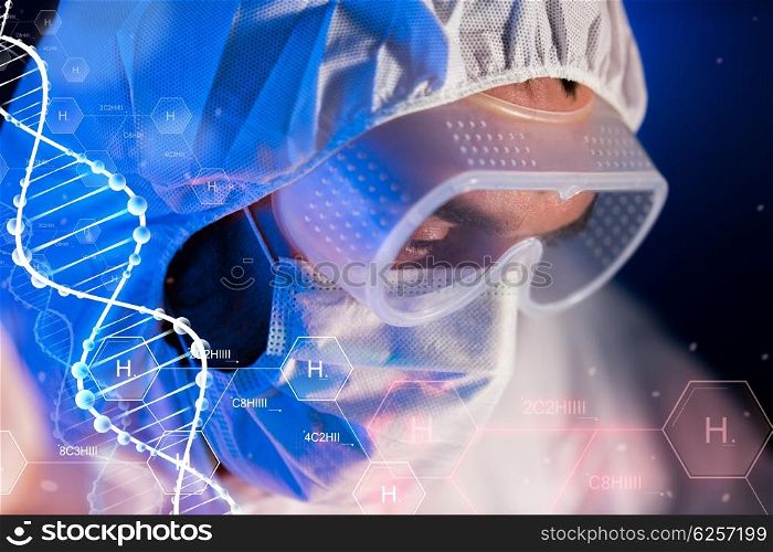 science, chemistry, biology, medicine and people concept - close up of scientist face in goggles and protective mask at chemical laboratory over hydrogen chemical formula and dna molecule structure