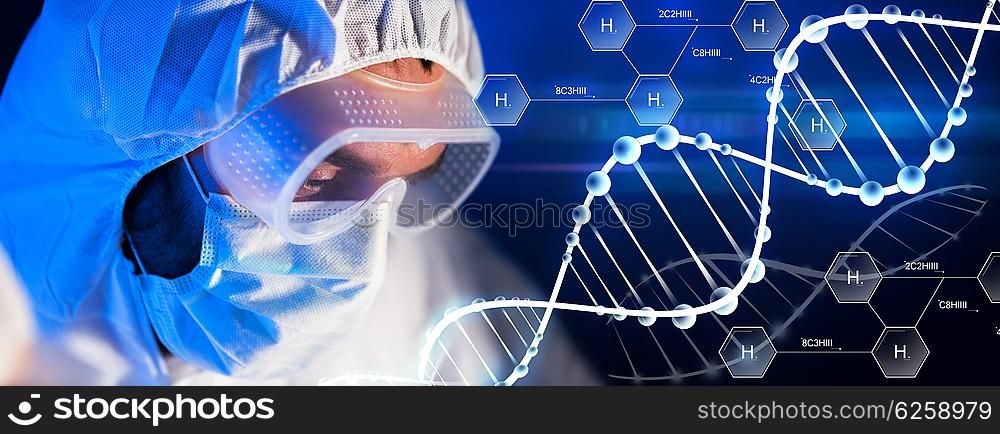 science, chemistry, biology, medicine and people concept - close up of scientist face in goggles and protective mask at chemical laboratory over hydrogen chemical formula and dna molecule